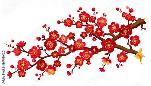 Elegant floral plum blossom vector illustration on white background showcasing vibrant red tones and delicate flowers