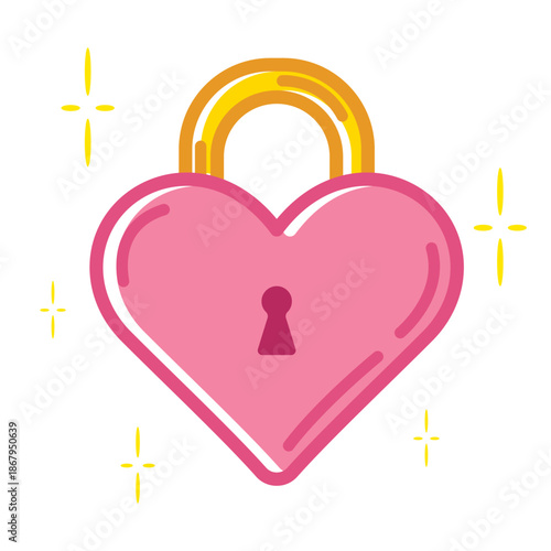 Cute pink heart-shaped padlock vector illustration with golden shackle and sparkles, perfect for icons, stickers, and design