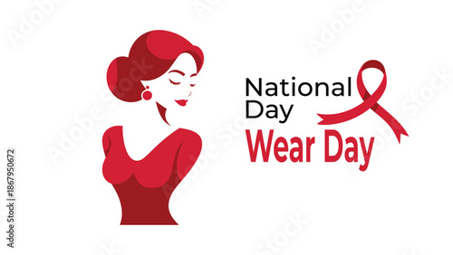 National Wear Red Day awareness illustration with woman silhouette and red ribbon symbol promoting heart health, cardiovascular disease prevention and women medical campaign vector
