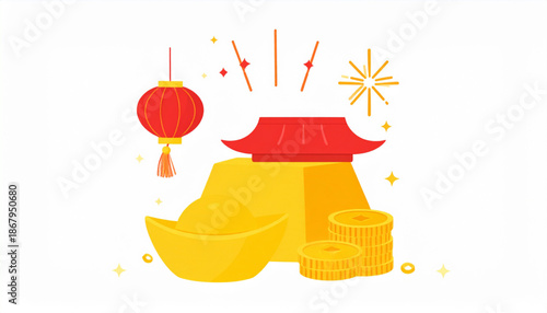 Chinese New Year Celebration Vector Illustration with Gold Ingots and Lantern on White Background