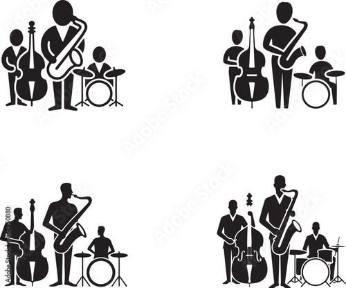 Black silhouettes of musicians playing instruments on stage