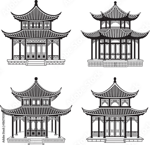 Four Traditional Chinese Pagodas in Black and White Line