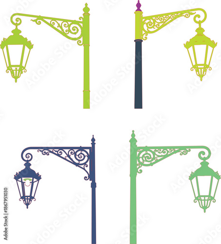 Ornate Street Lamps with Green and Blue Color Schemes