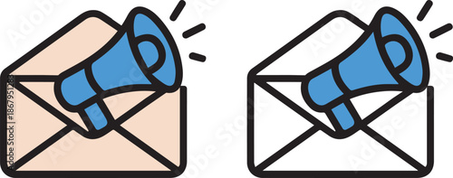 Email marketing announcement icon set with megaphone and envelope