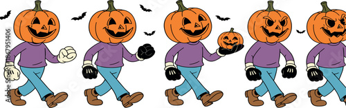 Vintage rubber hose style halloween pumpkin head characters walking collection with spooky bats retro cartoon mascot vector illustration set.