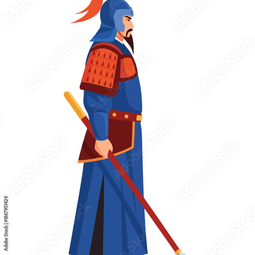 Samurai Warrior in Blue Armor Standing.