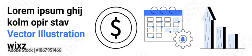 Financial planning, business growth, budgeting, time management, corporate strategy, efficiency. Dollar icon, calendar gear and arrow upward. Financial planning and business growth concept