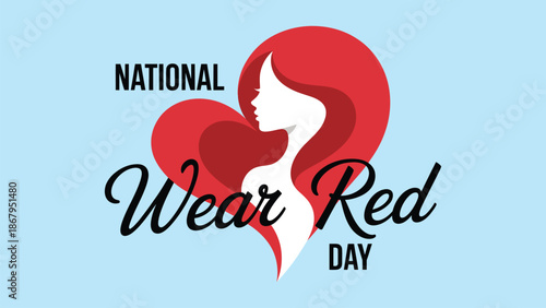 National Wear Red Day awareness design with red female silhouette ribbon symbol promoting heart health campaign, medical awareness poster vector illustration