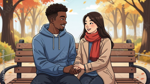 A cartoon illustration of a smiling couple holding hands on a park bench during autumn
