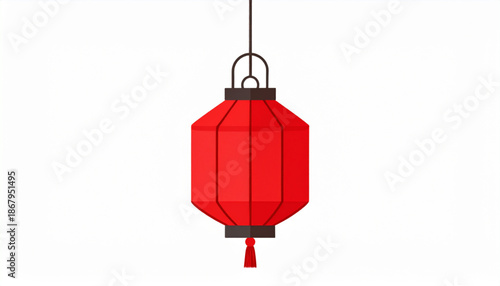 Red traditional lantern hanging from a wire on a white background, a vector illustration