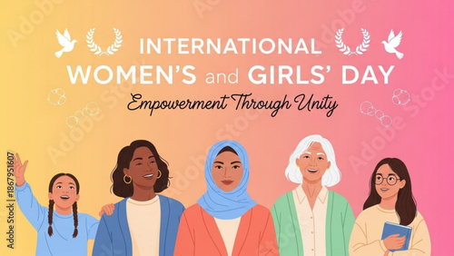 A vibrant illustration celebrating International Women's and Girls' Day with diverse women united in empowerment