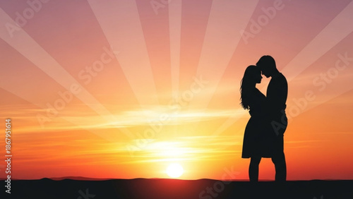 Silhouette of a couple embracing against a vibrant sunset symbolizing love and romance perfect for wedding or relationship themes