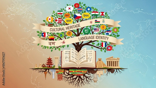 A vibrant illustration of a tree representing cultural heritage and language identity with various symbols and icons