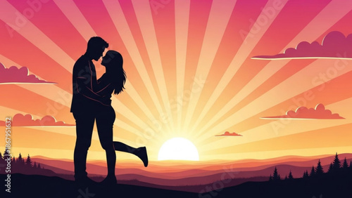 Couple embracing at sunset silhouette against vibrant sky with sunburst and distant mountains romantic concept for love and relationships