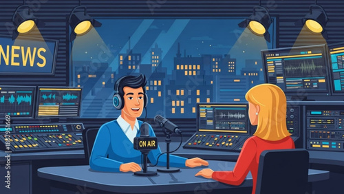 A cartoon illustration of a news anchor and guest in a modern radio studio at night