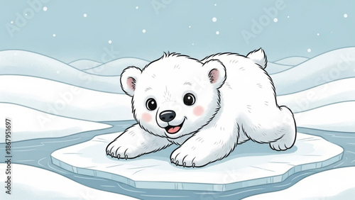 A cartoon polar bear cub lies on a melting ice floe in a snowy Arctic landscape
