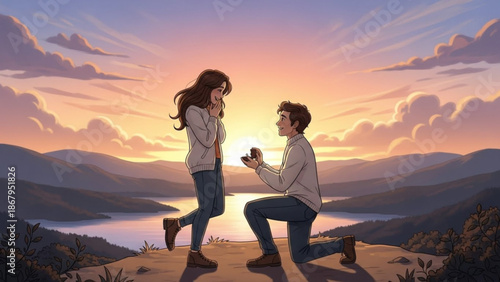 Man proposes to woman with engagement ring at sunset romantic couple on mountain overlook with lake and sky illustration for love and marriage