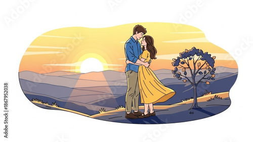 Couple embracing at sunset in a scenic landscape romantic illustration for love and relationship themes with a stylized tree and rolling hills