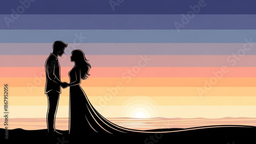 Silhouette of a couple holding hands on a beach at sunset romantic scene with colorful sky and ocean perfect for wedding or love concepts