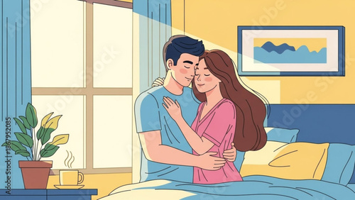 Loving couple embracing in a bright bedroom morning sunlight streaming through the window representing romance and togetherness