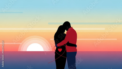 Couple embracing at sunset silhouette of love and romance against a colorful sky vector illustration for relationship concepts