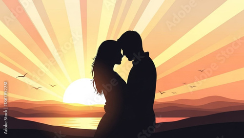 Silhouette of a loving couple embracing at sunset symbolizing romance and togetherness with a warm sunburst background and calm water