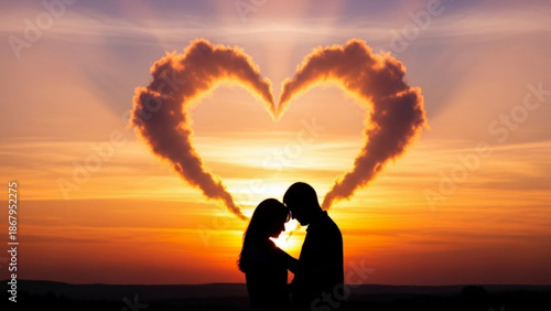 Silhouette of a loving couple embracing under a heart-shaped cloud formation at sunset symbolizing romance and eternal love for Valentines Day or wedding concepts