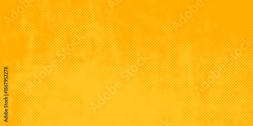 Yellow halftone pattern. Retro comic gradient background. Bright orange pixelated dotted texture overlay. Cartoon pop art faded gradient pattern. Vector backdrop for poster, banner, advertisement