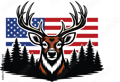 Majestic Deer Head with American Flag and Pine Forest Vector Illustration
