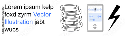 Financial technology, smart energy, digital assets, voice commands, virtual payments, and modern innovation. Coins stacked, smart device with sound waves energy bolt. Financial technology and smart