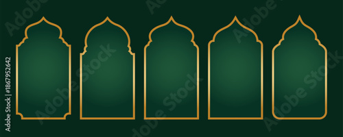 Collection of gold stroke mosque window shapes and islamic door frames on green background