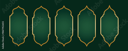 Set of gold outline arabic arch elements on dark green background for islamic holiday decoration