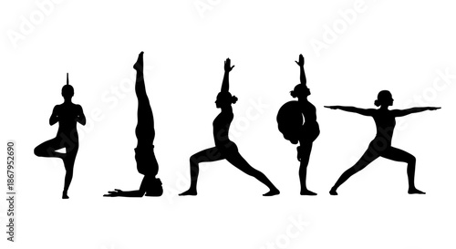 Set of Women Silhouettes Practicing Yoga Poses, Healthy Lifestyle and Wellness Concept Black Vector Illustration
