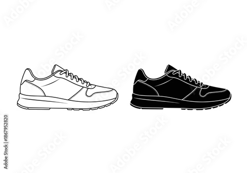 Pair of Sport Sneakers Outline and Silhouette, Athletic Running Shoes Vector Illustration