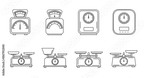 Set of Bathroom and Kitchen Weighing Scale Icons, Vintage and Modern Measuring Equipment Line Art Vector