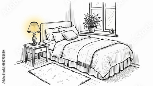 Cozy Bedroom Scene with Bed and Nightstand Sketch.