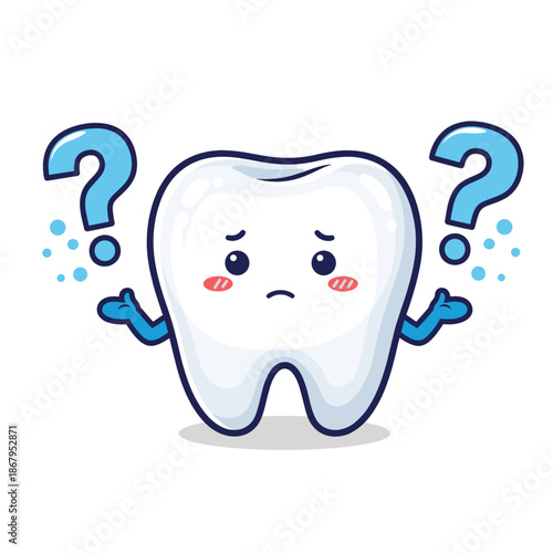 Confused Cartoon Tooth Character with Question Marks and Shrugging Gesture Vector Illustration