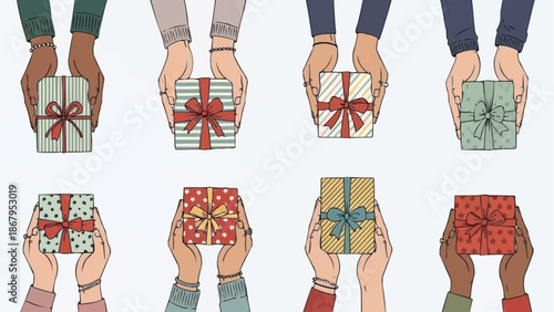 Diverse hands holding wrapped gift boxes with ribbons and bows.