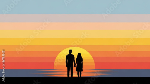 Couple holding hands silhouetted against a vibrant sunset over the ocean representing love and togetherness perfect for romantic themes and travel