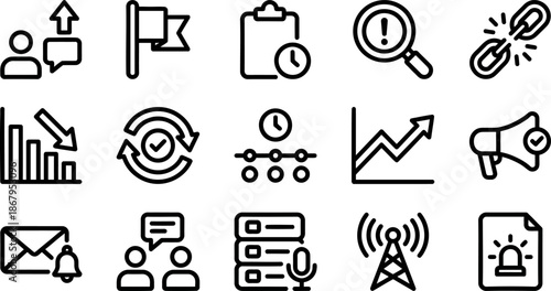 SaaS Support Workflow and System Status Line Icons Set, Monitoring and Notification Outline Symbols