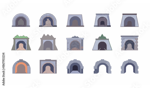 Tunnel icons set in flat cartoon style for transportation navigation and web interface design