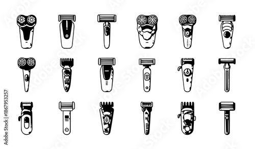 Shaver icons set in flat cartoon style for personal care, grooming, and web design