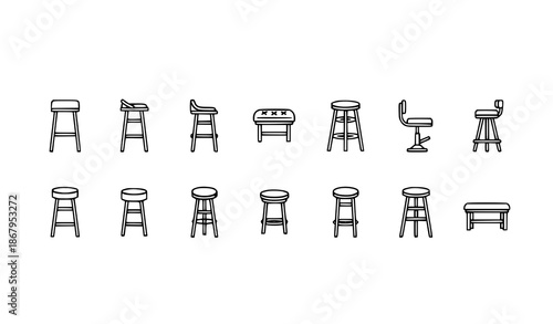 Minimal cartoon bar stool vector icons set with line and fill style for furniture web and UI design