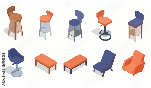 Isometric cartoon bar stool vector icons set for club, café, and interior design illustrations