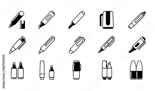 Felt tip pen icons set in flat cartoon style with colorful marker pens for design projects