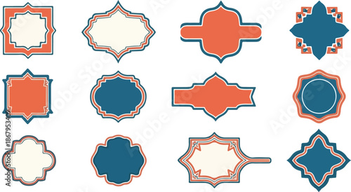 A collection of abstract geometric shapes in orange, blue, and white hues arranged in a grid pattern on a clean white background, viewed from directly above.