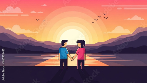 Couple holding hands watching a vibrant sunset over mountains and water romantic vector illustration for love and travel concepts