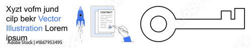 Business strategy, contract signing, innovation, access, technology, security. Rocket, contract with pen signing and a key symbol. Innovation and business strategy conceptual elements