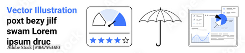 Business reports, data visualization, service rating, umbrella, analytics, customer feedback. Gauge and star rating, umbrella and report interface with bar graphs and pie chart. Data visualization