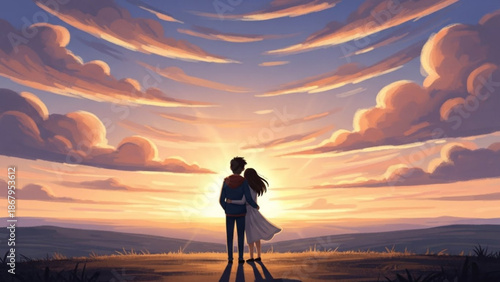 Couple embracing at sunset watching the sky with dramatic clouds symbolizing romance and hope perfect for travel or lifestyle concepts